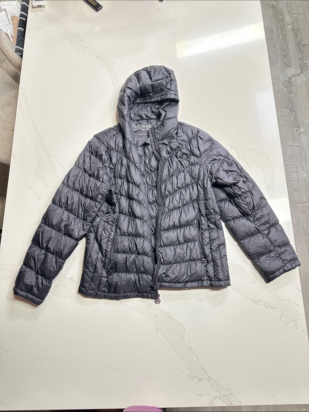 Michael Kors Hooded Quilted Puffer Jacket - Charcoal. Packable & Light Weight.